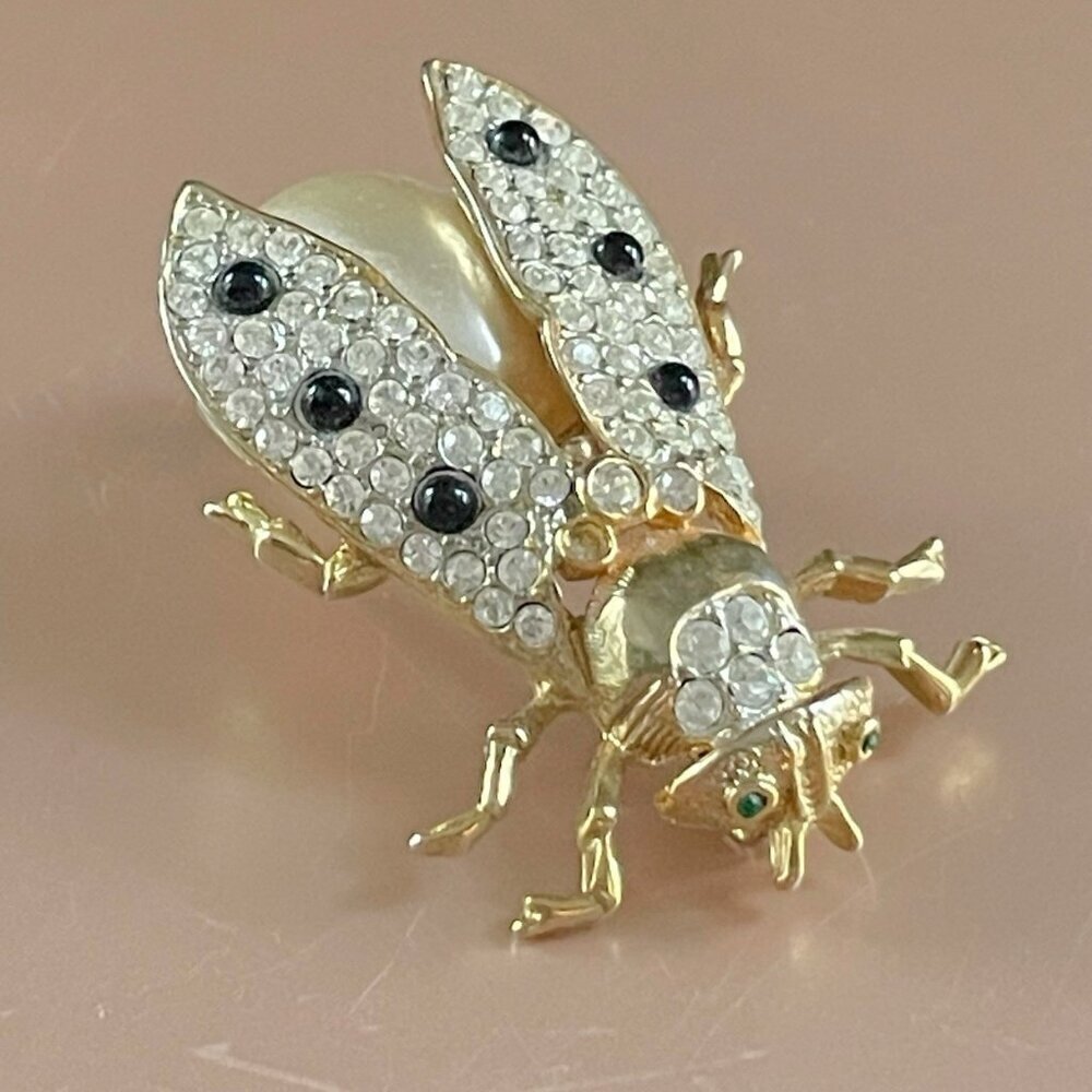 Vintage Rhinestone Insect Brooch Gold Tone Faux Pearl Beetle Costume Jewelry